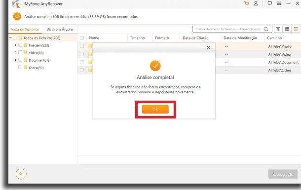 anyrecover varredura concluída