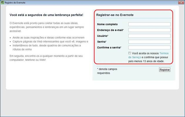 Cadastro de uma nova conta no Evernote