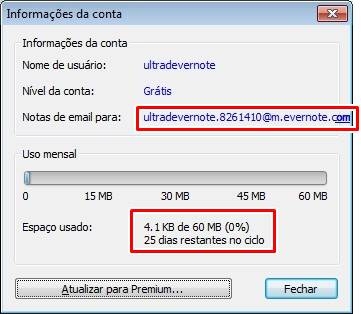 E mail pessoal do Evernote e cota de uso