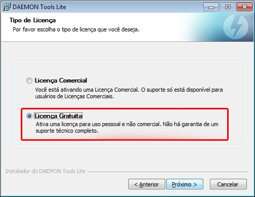 Escolha de licenças do Daemon Tools Lite