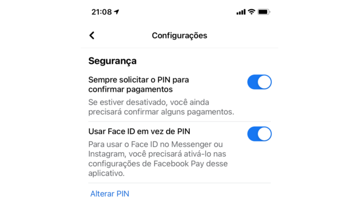 Habilitando o PIN e biometria no Facebook Pay (Imagem: Reprodução)