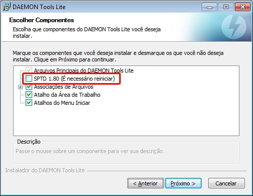 Módulos de instalação do Daemon Tools Lite