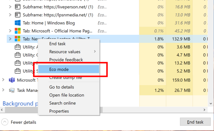 Modo Eco no Gerenciador de Tarefas do Windows 10 (Imagem: Divulgação / Microsoft)