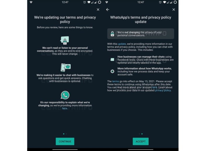 Notificação para aceitar atualização da política de privacidade do WhatsApp (Imagem: Reprodução/WABetaInfo)