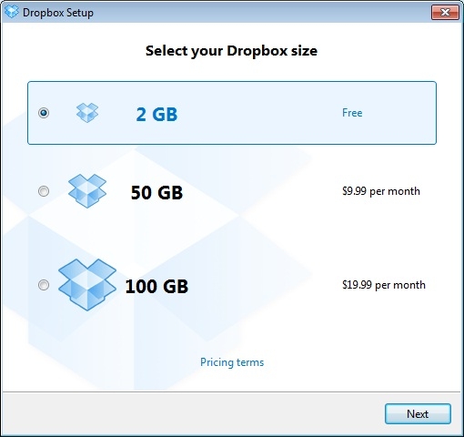 Seleção de planos Dropbox