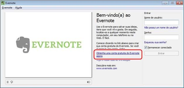 Tela de boas vindas do Evernote