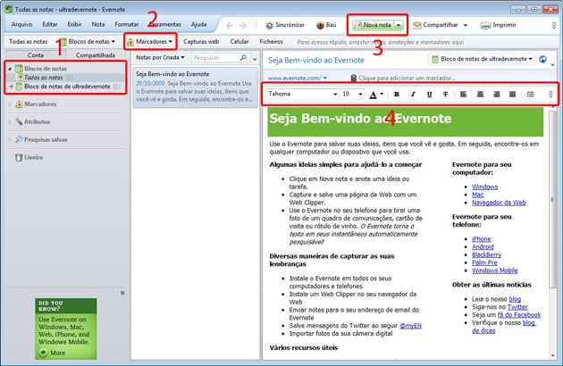 Tela inicial do Evernote