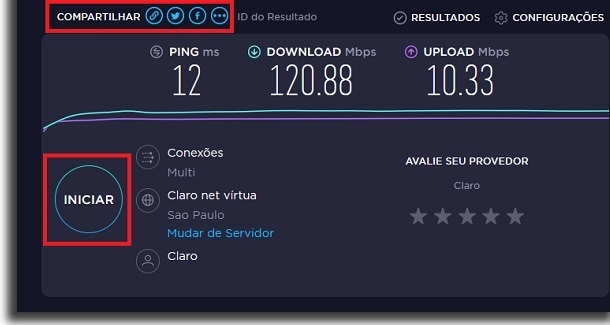 testar a velocidade da internet resultado