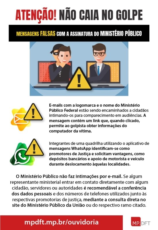 Alerta sobre golpes por WhatsApp e e mail (imagem: divulgação/MPDFT)