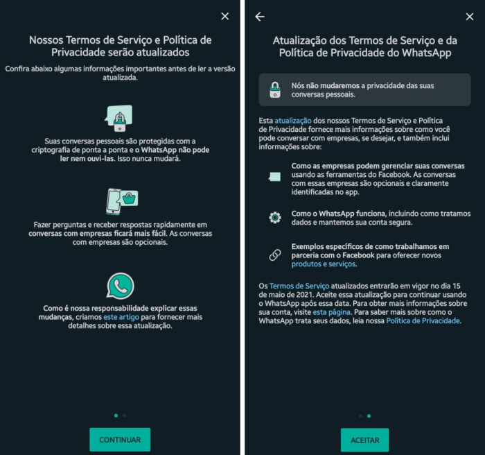 Aviso do WhatsApp sobre nova política de privacidade (Imagem: Reprodução)