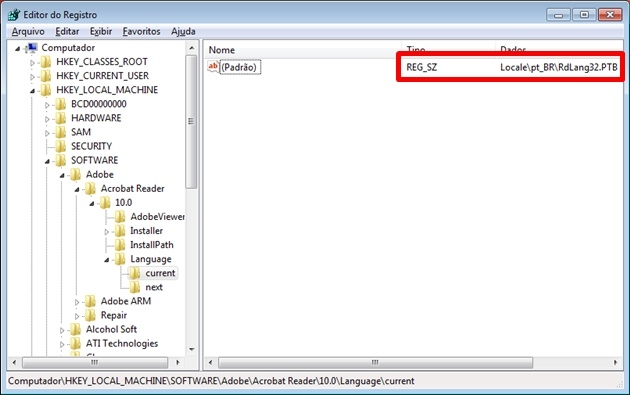Caminho no registro para ver as configurações de linguagem do Adobe Reader