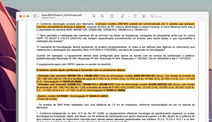 Certificado de conformidade do ROG Phone 5 (Imagem: Reprodução/Tecnoblog)