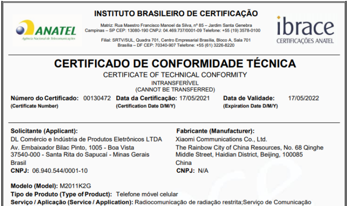 Certificado de homologação do Xiaomi Mi 11 (Imagem: Reprodução/Anatel)