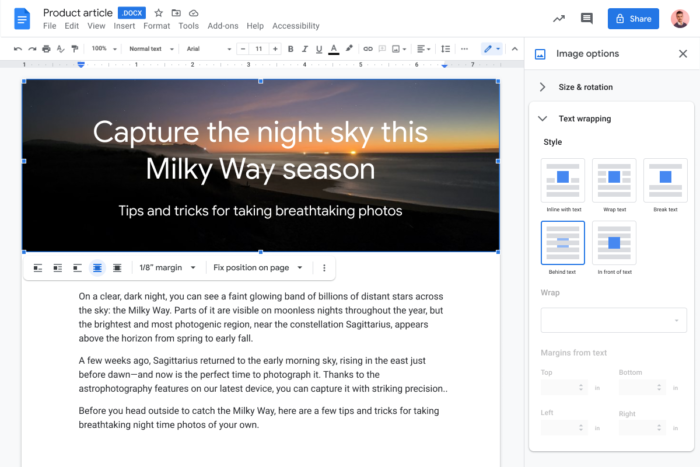 Google Docs ganha novas opções para posicionar imagens atrás ou na frente de textos (Imagem: Reprodução/Google)