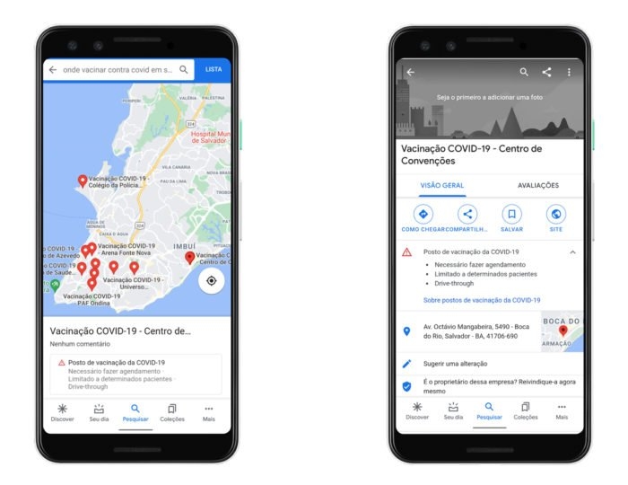 Locais de vacinação contra COVID 19 no Google (Imagem: Divulgação)