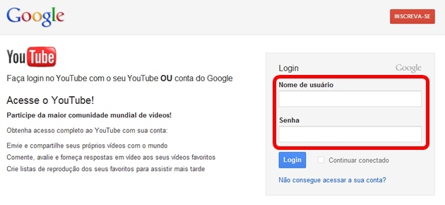 Login no Youtube com uma conta Google