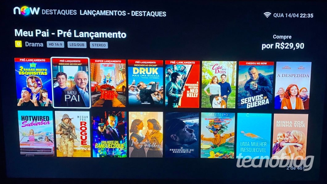 NOW tem conteúdo para compra, aluguel e streaming sob demanda dos canais lineares (Imagem: Lucas Braga/Tecnoblog)