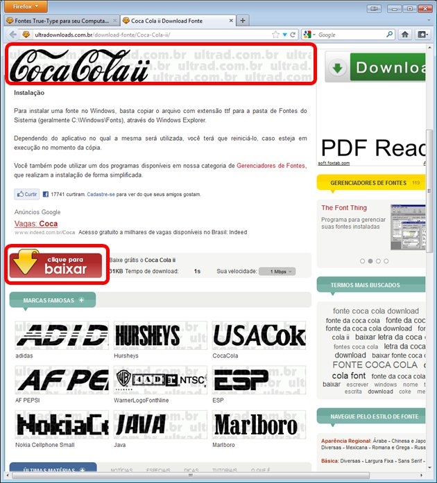 Página de download da fonte Coca cola II