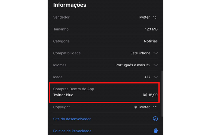 Preço do Twitter Blue vaza na App Store (Imagem: Reprodução/App Store)