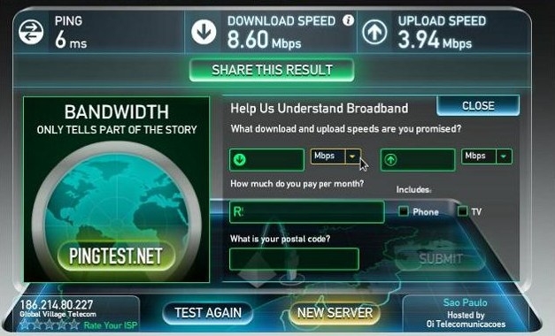 Relatório de resultados do SpeedTest