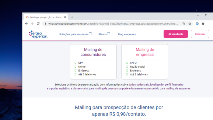 Serasa anunciava dados por R$ 0,98 por pessoa (Imagem: Reprodução/Serasa Experian)