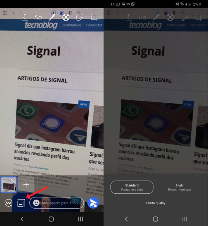 Signal Beta para Android ganha opção para escolher qualidade para enviar imagens (Imagem: Reprodução/Tecnoblog)