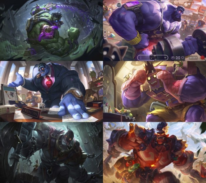 Skins Dr. Mulko, Sr. Mundoverso, Diretor Mundo, Mundo Mundo, Mundo Carrasco e Mundo Enfurecido (Imagem: Divulgação/Riot Games)