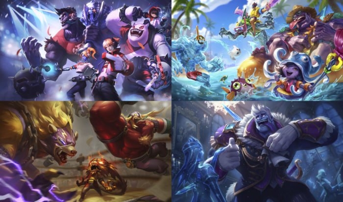 Skins TPA Mundo, Mundo Curtindo o Verão, Mundo El Macho e Mundo Príncipe Congelado (Imagem: Divulgação/Riot Games)