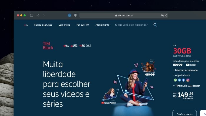 TIM Black de 30 GB tem HBO Go ou YouTube Premium grátis (Imagem: Reprodução)