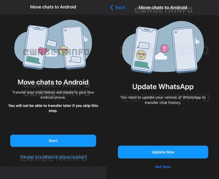 WhatsApp prepara função para migrar histórico de conversas para outro número (Imagem: Reprodução/WABetaInfo)