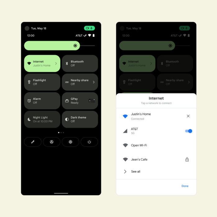 Android 12 tem painel rápido para configuração de rede (Imagem: Reprodução/Google)