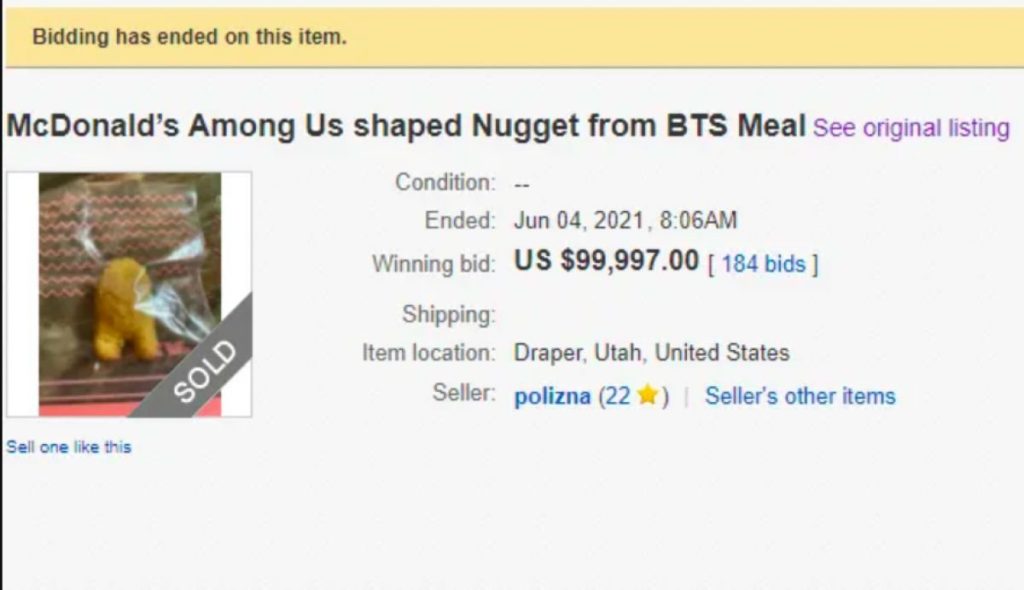 Nugget em formato de Among Us é vendido por US$ 100 mil em leilão