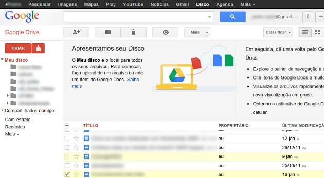 Tela inicial Google Docs