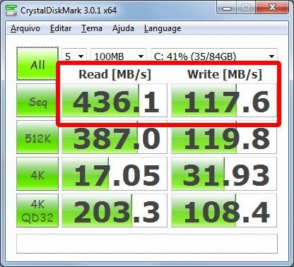 Teste com um bloco de 100 MB   CrystalDiskMark